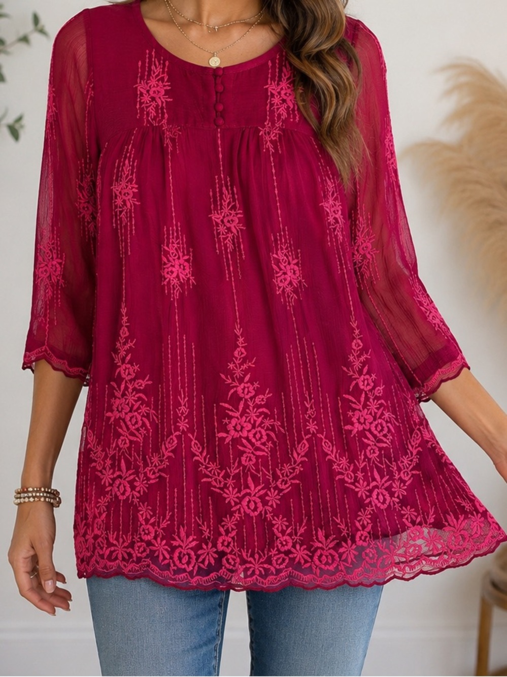 Sundance Embroidered Sheer Boho Tunic Top Pink Medium